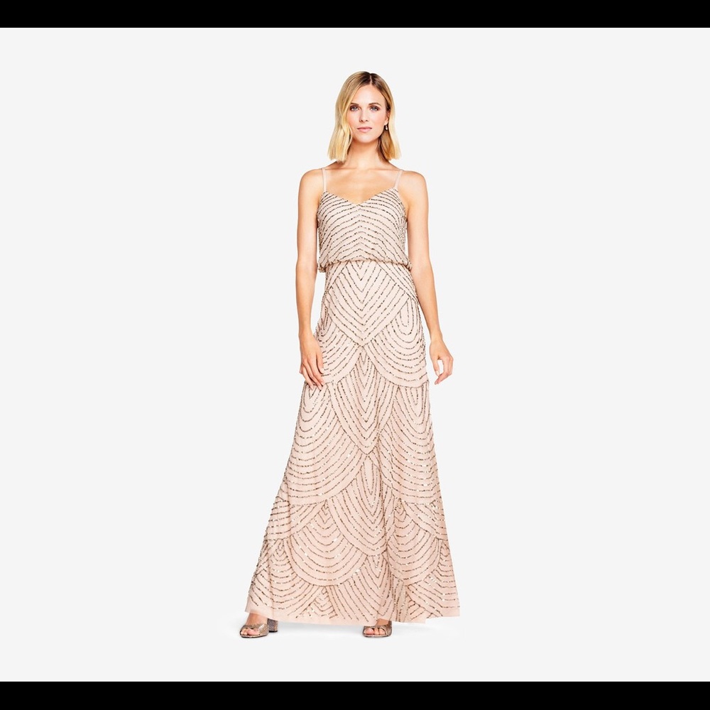 Adrianna Papell Art Deco Beaded Gown in taupe/pink
